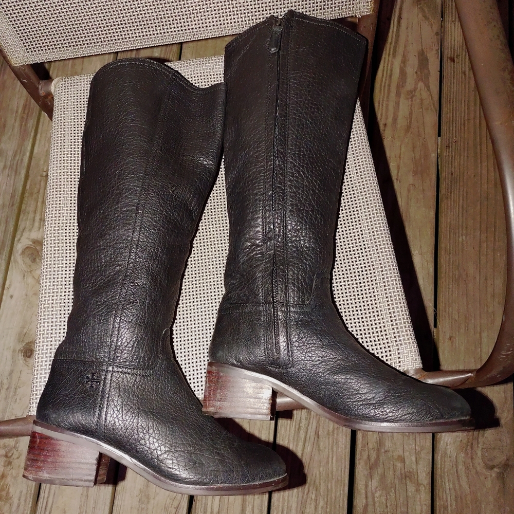 TORY BURCH 9M Fulton Black Pebbled Leather Tall Knee High Riding Boots WIDE CALF